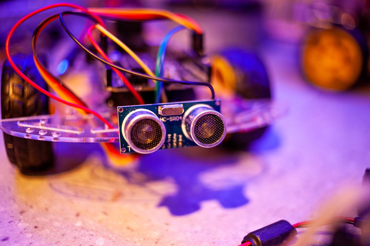 gallery-1 Detailed view of a robotic vehicle component showcasing wires and sensors.